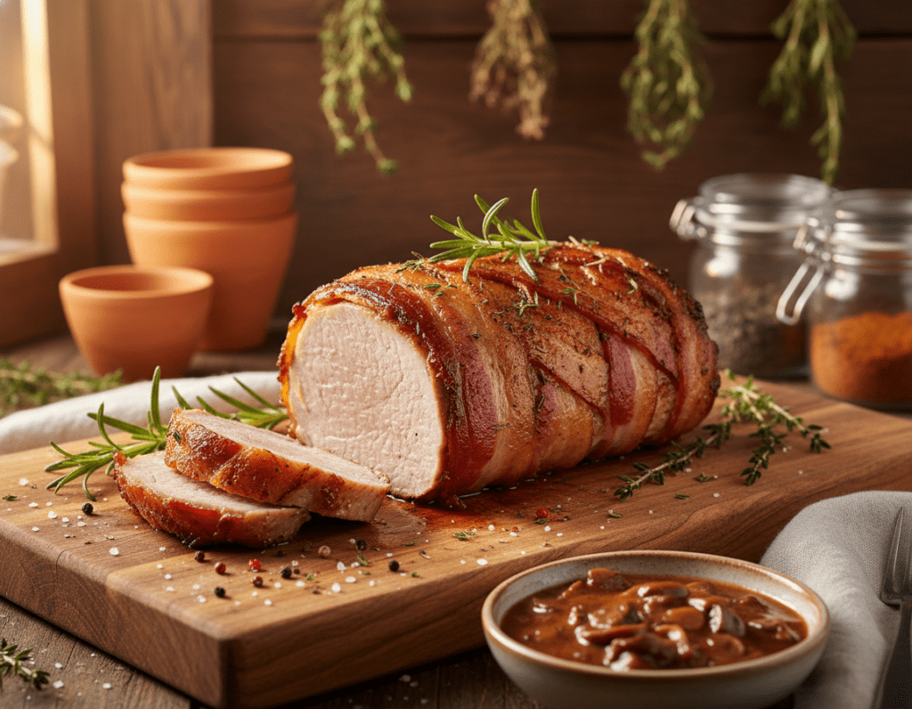A beautifully plated Schweinefilet wrapped in crispy bacon, resting on a wooden cutting board. In the foreground, the focus is on the tender, juicy pork fillet showing a golden-brown crust, with herbs sprinkled on top for garnish. In the middle ground, there's a small bowl of rich, savory sauce glimmering under soft kitchen lighting, enhancing the mouth-watering appearance of the dish. The background features an inviting, rustic kitchen setting with blurred hints of herbs and spices, creating a warm, homely atmosphere. The lighting is warm and inviting, mimicking late afternoon sun streaming through a window, suggesting a cozy cooking experience. The shot is taken from a slightly elevated angle to showcase both the food and the ambiance. A beautifully plated Schweinefilet wrapped in crispy bacon, resting on a wooden cutting board. In the foreground, the focus is on the tender, juicy pork fillet showing a golden-brown crust, with herbs sprinkled on top for garnish. In the middle ground, there's a small bowl of rich, savory sauce glimmering under soft kitchen lighting, enhancing the mouth-watering appearance of the dish. The background features an inviting, rustic kitchen setting with blurred hints of herbs and spices, creating a warm, homely atmosphere. The lighting is warm and inviting, mimicking late afternoon sun streaming through a window, suggesting a cozy cooking experience. The shot is taken from a slightly elevated angle to showcase both the food and the ambiance.