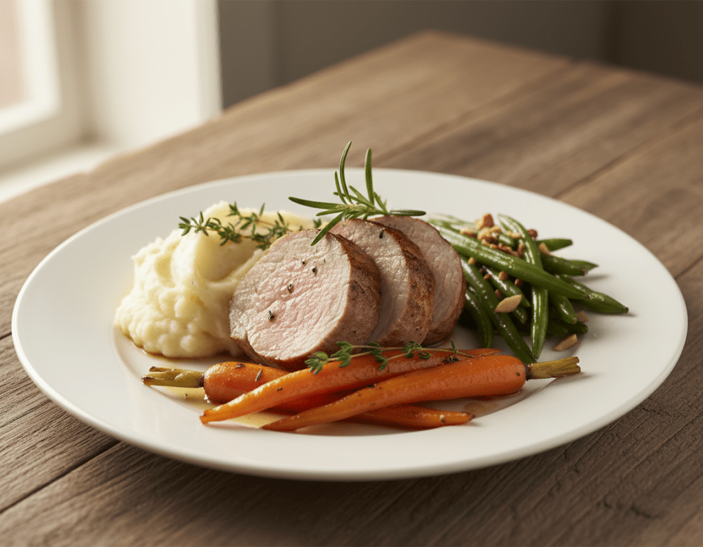 A beautifully plated dish featuring perfectly seared Schweinefilet (pork tenderloin) as the centerpiece, surrounded by a colorful array of accompaniments. In the foreground, the pork is garnished with fresh herbs, showcasing its juicy texture. The middle features an assortment of sides, including creamy mashed potatoes, vibrant sautéed green beans, and caramelized carrots, all artistically arranged. The background shows a softly blurred rustic wooden table, enhancing the homely atmosphere. Warm, natural lighting highlights the textures and colors of the food, creating a cozy and inviting mood. The shot is taken from a slightly elevated angle to capture the entire dish and its sumptuous details without any distractions or text.