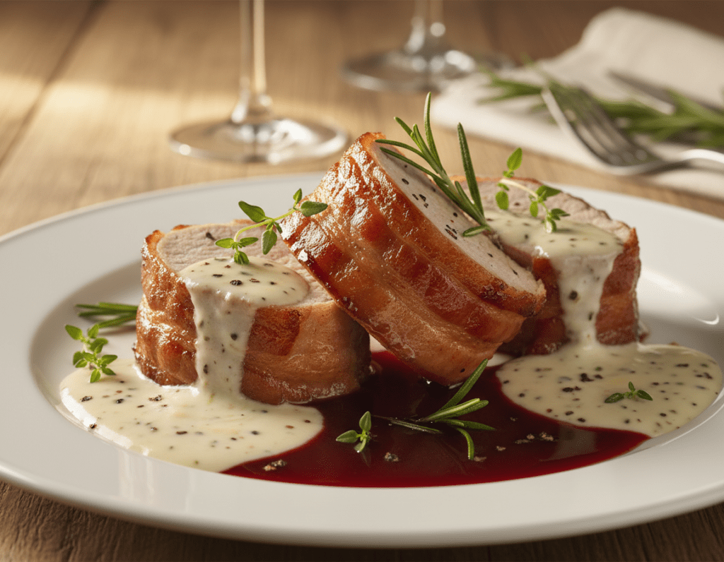 A beautifully plated dish featuring pork tenderloin wrapped in bacon, surrounded by an array of alternative sauces including creamy pepper sauce and rich red wine jus. The foreground showcases the golden-brown crust of the bacon, glistening from gentle drizzling of sauces, with fresh herbs garnish like thyme and rosemary for added color. In the middle, a delicate absorption of the sauces blends seamlessly with the pork, emphasizing a gourmet presentation. The background features a softly blurred rustic wooden table setting, with gentle, warm lighting that highlights the textures of the dish and creates an inviting atmosphere. The mood is cozy and refined, perfect for a culinary article focused on different sauce variations for this sumptuous pork dish. No text or overlays are included. A beautifully plated dish featuring pork tenderloin wrapped in bacon, surrounded by an array of alternative sauces including creamy pepper sauce and rich red wine jus. The foreground showcases the golden-brown crust of the bacon, glistening from gentle drizzling of sauces, with fresh herbs garnish like thyme and rosemary for added color. In the middle, a delicate absorption of the sauces blends seamlessly with the pork, emphasizing a gourmet presentation. The background features a softly blurred rustic wooden table setting, with gentle, warm lighting that highlights the textures of the dish and creates an inviting atmosphere. The mood is cozy and refined, perfect for a culinary article focused on different sauce variations for this sumptuous pork dish. No text or overlays are included.