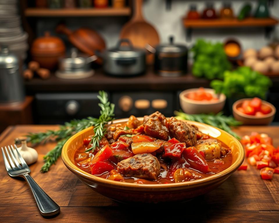 A beautifully plated dish of Italian ragout, showcasing tender pieces of meat stewed in a rich, aromatic sauce filled with fresh vegetables and herbs. The foreground features a rustic wooden table with a fork and knife elegantly placed beside a deep ceramic bowl brimming with the ragout. In the middle, the dish glistens under soft, warm lighting that highlights the glossy texture of the sauce, creating an inviting atmosphere. Surrounding the dish, ingredients such as garlic, rosemary, and diced tomatoes are artistically arranged, enhancing the cooking vibe. In the background, a softly blurred kitchen scene with vintage pots and rustic shelves filled with spices can be seen, reminiscent of a traditional Italian kitchen. The overall mood conveys warmth, comfort, and culinary passion, perfect for showcasing the art of slow cooking.