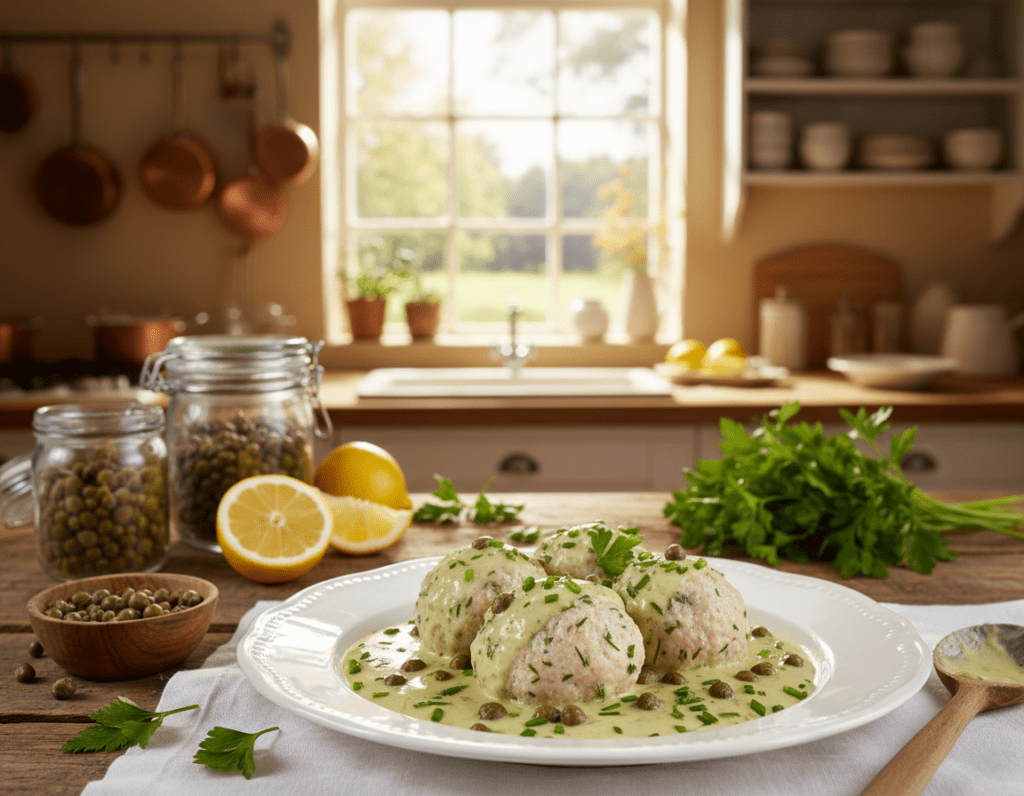A beautifully plated dish of Königsberger Klopse, showcasing the classic caper sauce, sits prominently in the foreground. The meatballs are tender and generously coated with the creamy, light green caper sauce, garnished with fresh herbs. In the middle, a wooden spoon rests beside the dish, hinting at the preparation process, while small jars of capers and fresh ingredients like parsley and lemon slices are artfully arranged around the scene. In the background, a warm, inviting kitchen setting is visible, softly lit by natural light filtering through a window, creating a cozy and welcoming atmosphere. The focus is sharp on the dish, while the background blurs gently, drawing attention to the rich textures and colors of the sauce and meatballs.