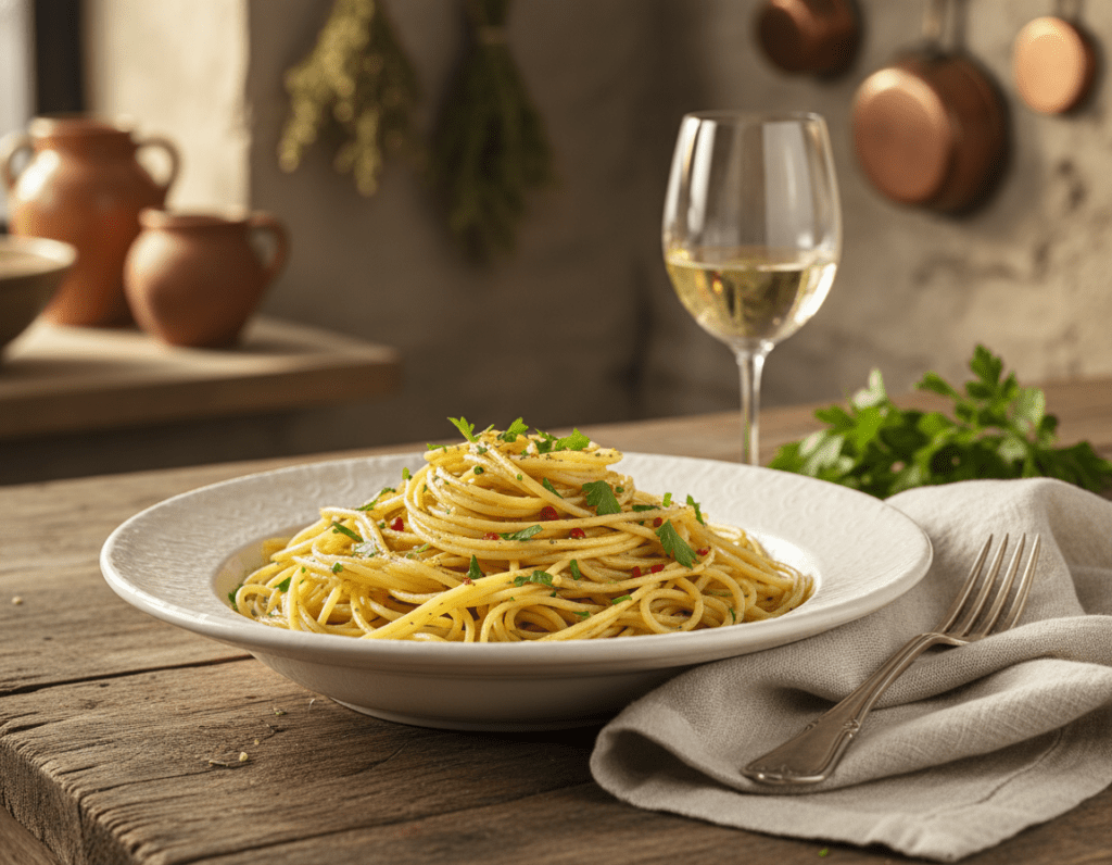 A beautifully plated dish of Spaghetti Aglio e Olio, showcasing long, al dente spaghetti coated in a glistening garlic and olive oil sauce, adorned with finely chopped fresh parsley and a sprinkle of red pepper flakes. In the foreground, the vibrant dish is set on a rustic wooden table, with a tactile linen napkin and a fork resting beside it. In the middle ground, a glass of white wine gently reflects the warm, golden light, enhancing the inviting atmosphere. The background features softly blurred elements of a rustic Italian kitchen, with subtle hints of herbs and cooking utensils, creating a cozy, home-cooked feel. The lighting is warm and inviting, casting gentle shadows that enhance the textures of the dish. The overall mood is warm, comforting, and deliciously inviting, perfect for an exquisite dining experience.