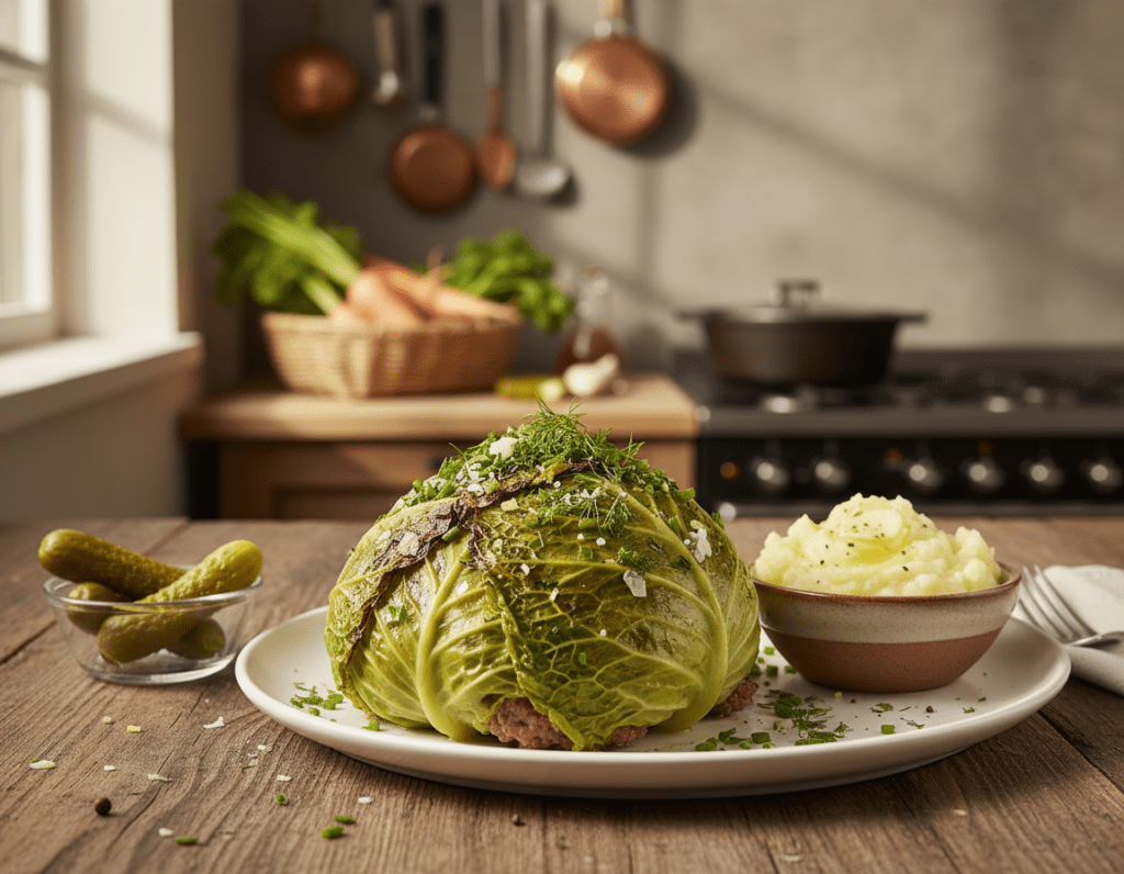 A beautifully plated dish of Spitzkohl (pointed cabbage) stuffed with savory ground meat, garnished with fresh herbs. In the foreground, the vibrant green cabbage leaves wrap around the filling, showcasing the intricate textures and colors. The middle ground features a rustic wooden table adorned with a small bowl of creamy mashed potatoes and a side of tangy pickles, enhancing the presentation. The scene is softly illuminated by warm, natural light, creating an inviting and homely atmosphere. In the background, there are hints of a cozy kitchen environment, with utensils and fresh vegetables subtly blurred to focus on the dish. The overall mood is comforting and appetizing, perfect for a home-cooked meal.