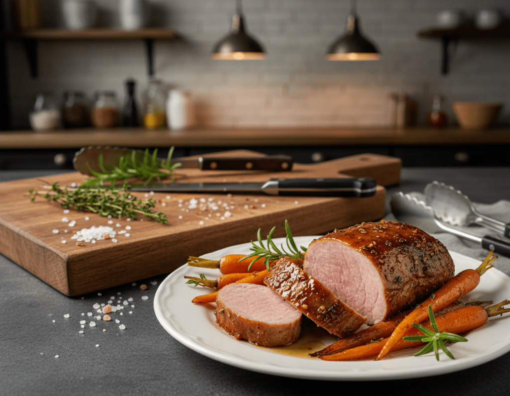 A beautifully plated dish of roasted Schweinefilet, glistening with a rich, golden-brown glaze, is presented prominently in the foreground. The pork loin is sliced into tender pieces, showcasing its juicy pink interior. Surrounding the meat are vibrant, garnished vegetables such as caramelized carrots and fresh herbs, adding color and freshness to the scene. In the middle ground, a rustic wooden cutting board holds cooking utensils and a sprinkle of sea salt, hinting at the preparation process. The background features a softly lit kitchen with blurred elements, creating a warm and inviting atmosphere. The lighting is soft yet highlights the textures of the meat and vegetables, evoking a sense of delicious home-cooked comfort.