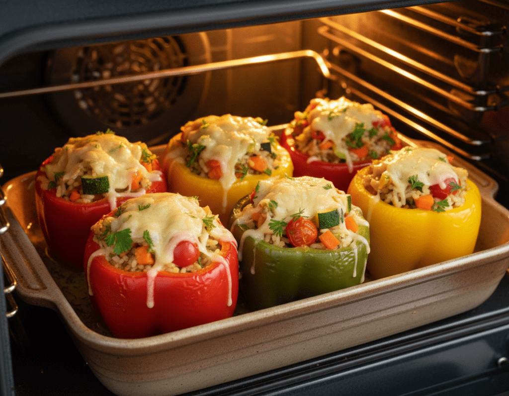 A beautifully plated dish of stuffed bell peppers, or "Gefüllte Paprika," nestled in a warm oven. The scene focuses on a vibrant assortment of red, yellow, and green bell peppers, each elegantly filled with a colorful mixture of rice, vegetables, and herbs. The foreground captures the peppers arranged neatly in a baking dish, glistening slightly with olive oil and topped with melted cheese. In the middle background, the oven door is slightly ajar, revealing the softly glowing interior, hinting at the baking process. Warm, soft lighting creates an inviting atmosphere, evoking a sense of comfort and home-cooking. The angle showcases the depth of the dish while maintaining a professional culinary aesthetic, with no text or distractions in the image.