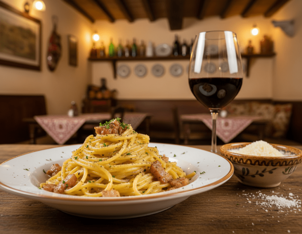 A beautifully plated dish of traditional Roman Spaghetti Carbonara, served on a rustic wooden table. In the foreground, the creamy pasta glistens with a rich sauce of eggs, cheese, and crispy guanciale, garnished with freshly cracked black pepper and a sprinkle of parsley. The middle ground features a small bowl of grated Pecorino Romano and a glass of red wine to complement the meal. The background softly fades into a charming, cozy Italian trattoria setting with warm, ambient lighting, wooden beams, and vintage decor, evoking a welcoming atmosphere. The composition highlights the dish with a shallow depth of field, making it the focal point, while creating a sense of warmth and tradition in Italian dining.