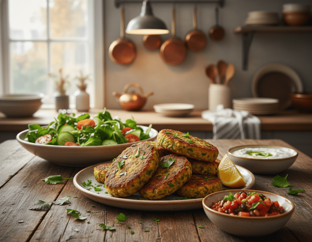 A beautifully plated dish of vegan and gluten-free lentil patties, arranged on a rustic wooden table. The patties are vibrant, with a golden-brown color, and garnished with fresh herbs like parsley and a slice of lemon on the side. In the foreground, a small bowl of colorful dipping sauce, perhaps a tangy vegan yogurt or a spicy salsa, adds contrast. In the middle ground, a fresh salad of mixed greens, cherry tomatoes, and cucumber complements the patties, showcasing a healthy and appetizing meal. The background features a cozy kitchen with soft, warm lighting that creates an inviting atmosphere. Capture this scene from a slightly elevated angle to emphasize the textures and colors of the ingredients, evoking a sense of warmth and comfort.