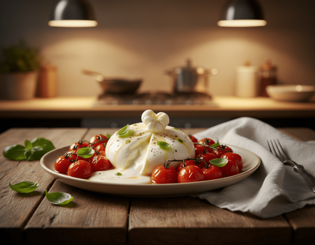 A beautifully plated dish of warm burrata cheese, oozing its creamy interior, sits prominently in the foreground. Surrounding the burrata are vibrant roasted cherry tomatoes, glistening with olive oil and sprinkled with fresh basil, adding a burst of color. In the middle ground, a rustic wooden table adds charm, while a soft, white linen napkin is casually placed beside the dish, hinting at a casual yet elegant dining experience. The background features a softly blurred kitchen setting with warm, golden lighting that creates a cozy atmosphere. The image is captured from a slightly elevated angle, emphasizing the textures and richness of the dish, inviting viewers to savor this comfort food moment.