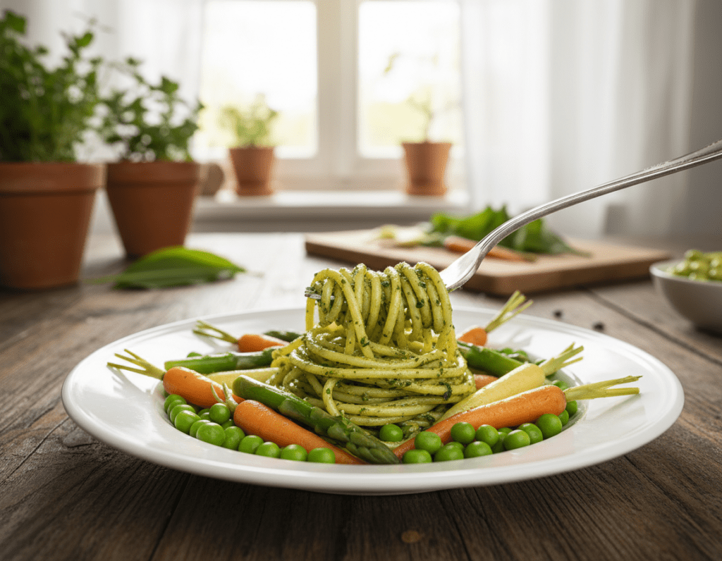 A beautifully plated dish of wild garlic pasta with vibrant spring vegetables. In the foreground, the pasta is twirled elegantly using a fork, showcasing its rich green color infused with fresh Bärlauch. Surrounding it are colorful pieces of spring vegetables like asparagus, peas, and baby carrots, arranged artfully. In the middle ground, a rustic wooden table adds warmth, with a light drizzle of olive oil glistening over the dish. The background features soft, blurred kitchen elements, hinting at a cozy cooking space with natural light streaming through a window, creating a fresh and inviting atmosphere. The overall mood is bright and enticing, inviting the viewer to savor the flavors of spring.