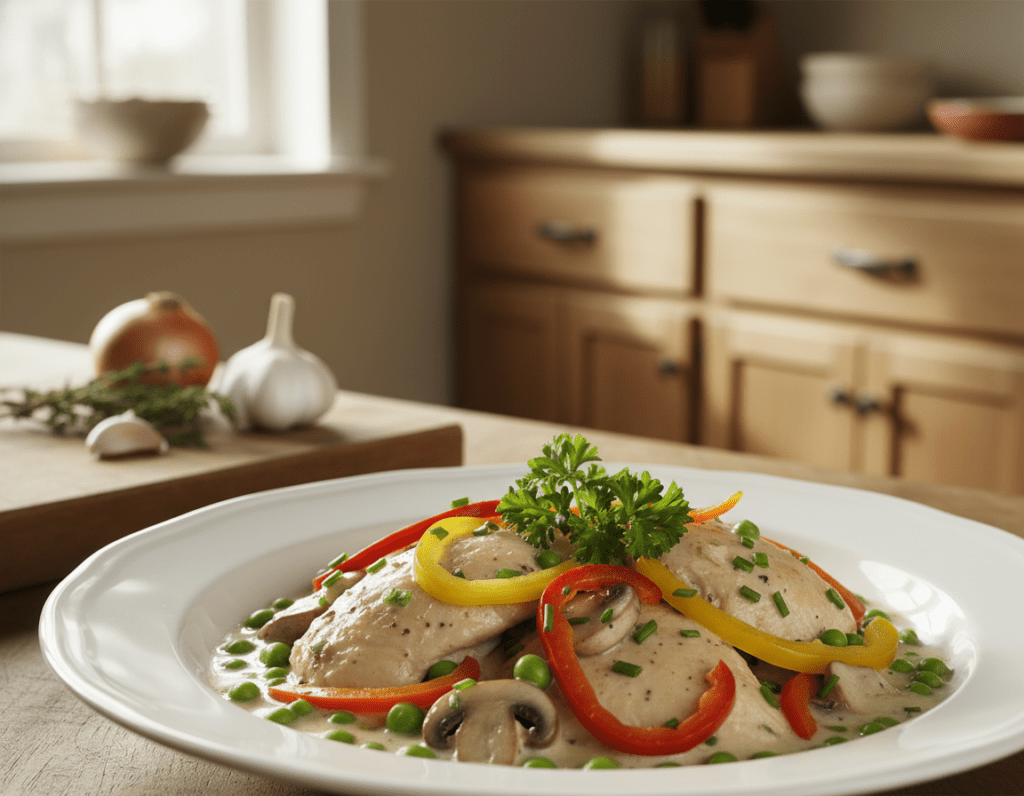 A beautifully plated modern variation of frikassee in a rustic kitchen setting. In the foreground, an elegant bowl of frikassee, featuring tender chicken pieces, vibrant green peas, and mushrooms, drizzled with a creamy white sauce infused with fresh herbs. There are slivers of colorful bell peppers for added flair, garnished with parsley. In the middle ground, a wooden cutting board displays fresh ingredients like garlic, onions, and a sprig of thyme, awaiting their transformation. The background showcases warm wooden cabinets and soft, natural light filtering through a window, creating a cozy, inviting atmosphere. Capture this scene with a shallow depth of field to emphasize the dish in the foreground, highlighting the textures and colors while maintaining a soft focus on the background. Aim for a warm, homely mood that showcases the essence of modern cuisine.