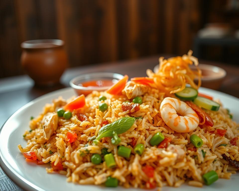 A beautifully plated serving of Nasi Goreng, featuring fragrant fried rice with vibrant colors, garnished with fresh herbs and traditional Indonesian toppings. Foreground: a detailed close-up of the rice texture, interspersed with bits of chicken, shrimp, and bright green peas, with slices of cucumber and red tomato arranged artistically. Middle: a small bowl of sambal and crispy fried onions, emphasizing the authentic flavors of the dish. Background: a rustic wooden table setting, softly lit with warm, ambient lighting. The mood is inviting and homey, evoking traditional Indonesian dining. Use a shallow depth of field to focus on the dish, while subtly blurring the background elements for a cozy atmosphere.