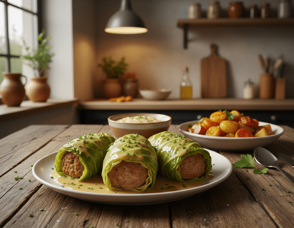 A beautifully plated serving of Spitzkohlrouladen, featuring tender savoy cabbage leaves rolled around a flavorful filling of seasoned ground meat, garnished with fresh herbs. In the foreground, the focus is on the lush green cabbage rolls, them glistening with a light sauce. The middle ground shows a rustic wooden table with a small bowl of creamy sauce and a side of roasted vegetables, adding a pop of color. Soft, natural lighting enhances the dish, casting gentle shadows that highlight the textures of the food. The background is a softly blurred kitchen setting, exuding a warm, inviting atmosphere, under warm lights. Emphasize a cozy and homely vibe, evoking a sense of comfort and deliciousness without any distractions.