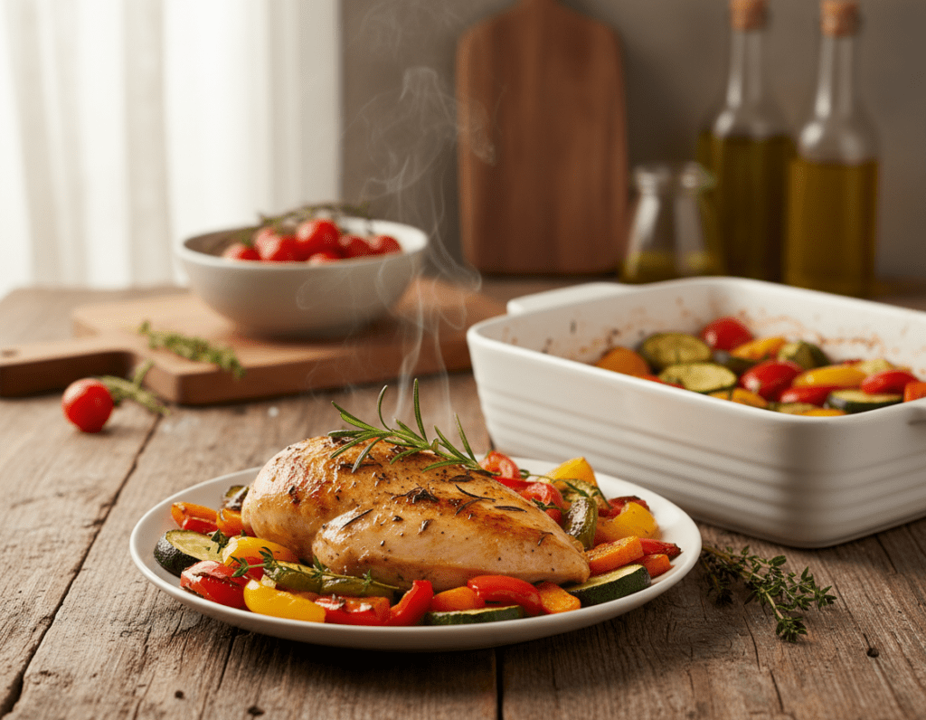 A beautifully prepared chicken breast dish set on a rustic wooden kitchen table. In the foreground, the juicy, golden-brown oven-baked chicken breast is garnished with fresh herbs, like rosemary and thyme, and surrounded by a medley of colorful roasted vegetables, including bell peppers, zucchini, and carrots. In the middle ground, a baking dish with a shiny glaze and drizzling olive oil adds an inviting touch. The background features a cozy kitchen ambiance, with a warm light softly illuminating the scene, highlighting the textures of the food. A light steam rises, suggesting the chicken is freshly baked. The overall atmosphere is homey and inviting, perfect for a comforting meal.
