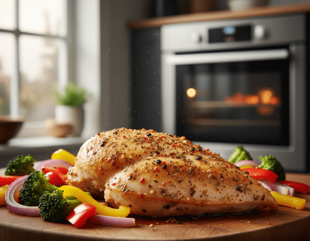 A beautifully prepared chicken breast, seasoned with herbs and spices, placed on a clean wooden cutting board. The background features a bright, sunny kitchen environment with a modern oven in view, where the chicken is being baked. Fresh vegetables like broccoli and bell peppers are artfully arranged around the chicken, showcasing a healthy meal. Soft, natural light streams in from a nearby window, casting a warm glow on the scene. The focus is on the juicy chicken, glistening with a light olive oil sheen, highlighting its healthy preparation method. A subtle depth of field effect softens the background, making the dish the centerpiece of the image, evoking a sense of wholesome, appetizing cooking at home.