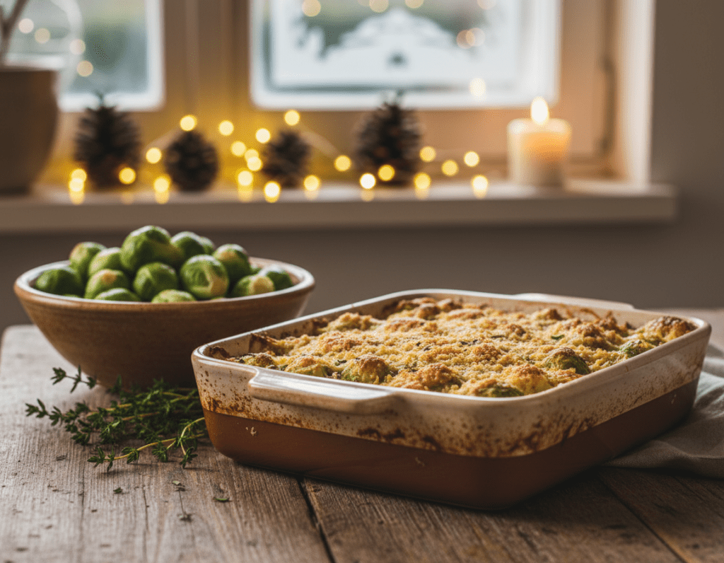 A beautifully presented "Rosenkohl Wintergemüse Auflauf" dish, featuring vibrant green Brussels sprouts layered with a creamy cheese sauce and breadcrumbs on top. In the foreground, the dish is placed on a rustic wooden table, with golden-brown edges of the casserole reflecting warm kitchen light. In the middle, a rustic ceramic bowl of fresh Brussels sprouts and a few sprigs of thyme for garnish are visible, creating a homely atmosphere. In the background, a softly blurred kitchen scene with warm lighting and a hint of winter decorations, such as pinecones and fairy lights, enhances the cozy mood. Opt for a shallow depth of field to bring focus to the dish while subtly highlighting its rich textures and colors.