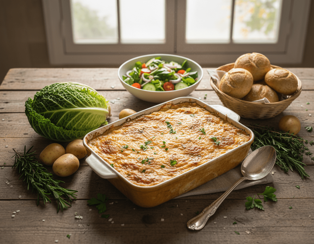 A beautifully presented Wirsing Kartoffel Auflauf served on a rustic wooden table, surrounded by fresh ingredients including cabbage leaves, potatoes, and herbs. In the foreground, focus on a golden, cheesy casserole, bubbling slightly, with a crispy top layer. A serving spoon rests beside it, hinting at a warm, inviting meal. In the middle ground, include side dishes like a vibrant salad with fresh greens and tomatoes, as well as crusty bread rolls. The background features soft, natural lighting streaming in through a kitchen window, creating a warm, cozy atmosphere. The overall mood is inviting and homey, perfect for a family gathering or casual dinner. Capture the scene from a slight overhead angle to showcase the casserole and its accompaniments beautifully.