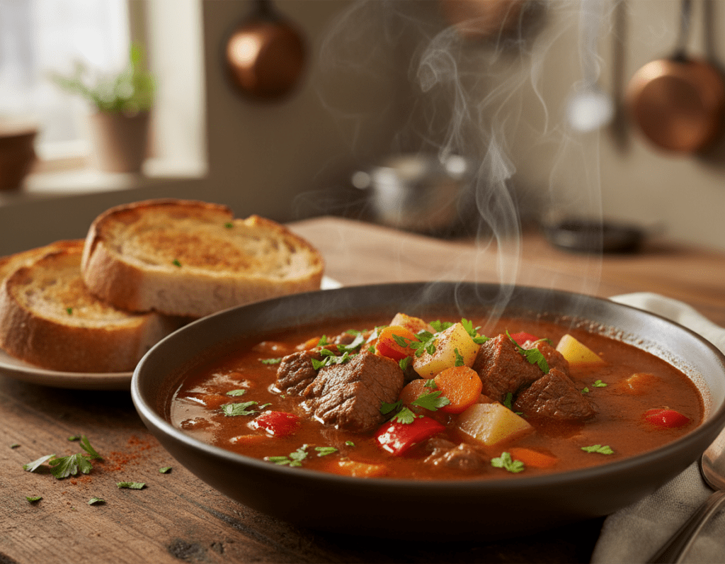 A beautifully presented bowl of Gulaschsuppe, featuring vivid chunks of tender beef and colorful vegetables, accentuated by fresh herbs like parsley and a sprinkle of paprika, set on a rustic wooden table. In the foreground, the soup is steaming, with a few pieces of toasted bread on the side. The middle ground shows a close-up view of the rich, hearty texture of the soup, showcasing the potatoes and peppers that enhance its flavor. The background features a softly blurred kitchen setting, with warm lighting creating a cozy, inviting atmosphere. Shot with a shallow depth of field, use a warm color palette to evoke comfort and homeliness, highlighting the essence of refining a traditional dish with special ingredients. A beautifully presented bowl of Gulaschsuppe, featuring vivid chunks of tender beef and colorful vegetables, accentuated by fresh herbs like parsley and a sprinkle of paprika, set on a rustic wooden table. In the foreground, the soup is steaming, with a few pieces of toasted bread on the side. The middle ground shows a close-up view of the rich, hearty texture of the soup, showcasing the potatoes and peppers that enhance its flavor. The background features a softly blurred kitchen setting, with warm lighting creating a cozy, inviting atmosphere. Shot with a shallow depth of field, use a warm color palette to evoke comfort and homeliness, highlighting the essence of refining a traditional dish with special ingredients.
