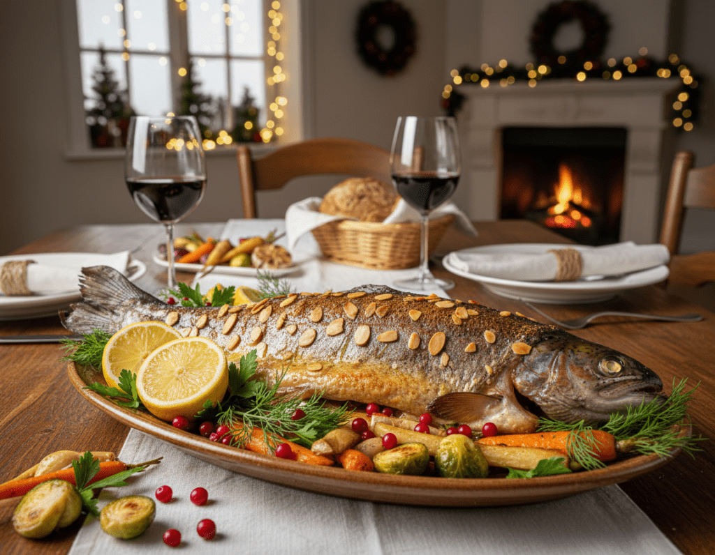 A beautifully presented festive oven-baked trout adorned with delicate slices of toasted almonds. In the foreground, the trout is garnished with vibrant lemon wedges and fresh herbs, glistening under soft, warm lighting that enhances its appetizing appeal. The middle ground features an elegantly set wooden table, with a rustic serving platter showcasing the trout, surrounded by seasonal vegetables. In the background, a softly blurred kitchen environment with hints of holiday decorations creates a cozy and inviting atmosphere. The image is captured from a slight overhead angle, allowing for a comprehensive view of the dish while maintaining a focus on the exquisite details of the trout. The mood is celebratory and inviting, perfect for special occasions. A beautifully presented festive oven-baked trout adorned with delicate slices of toasted almonds. In the foreground, the trout is garnished with vibrant lemon wedges and fresh herbs, glistening under soft, warm lighting that enhances its appetizing appeal. The middle ground features an elegantly set wooden table, with a rustic serving platter showcasing the trout, surrounded by seasonal vegetables. In the background, a softly blurred kitchen environment with hints of holiday decorations creates a cozy and inviting atmosphere. The image is captured from a slight overhead angle, allowing for a comprehensive view of the dish while maintaining a focus on the exquisite details of the trout. The mood is celebratory and inviting, perfect for special occasions.