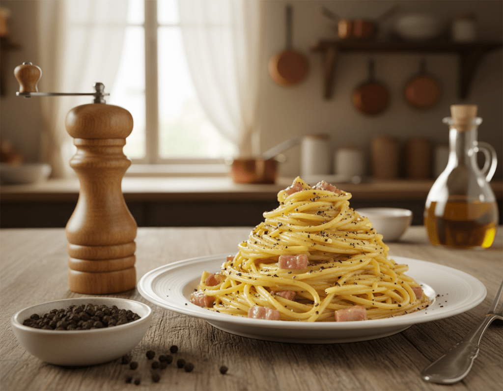A beautifully presented plate of carbonara pasta garnished with a generous sprinkle of freshly cracked black pepper, set on a rustic wooden table. In the foreground, a close-up of the creamy, glistening pasta swirled elegantly, showcasing the texture of the sauce and the al dente spaghetti. In the middle ground, a small ceramic bowl of black pepper sits alongside a rustic pepper grinder, hinting at the seasoning process. The background features a soft-focus kitchen setting with a warm, inviting atmosphere, illuminated by gentle natural light filtering through a nearby window. The mood is cozy and inviting, perfect for a culinary setting that emphasizes the art of seasoning like a professional chef.