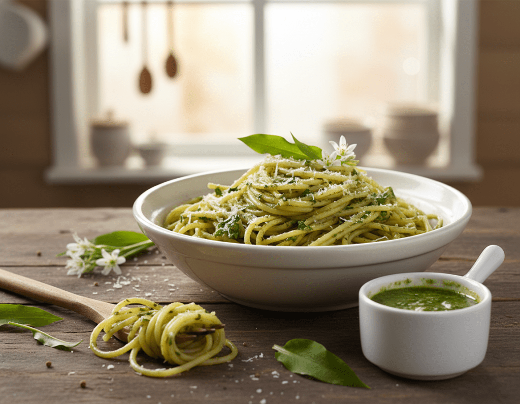 A beautifully presented plate of creamy wild garlic sauce for pasta, featuring a generous swirl of the vibrant green sauce atop al dente spaghetti. The sauce glistens with a velvety texture, flecked with fresh herbs, and garnished with sprigs of wild garlic and grated Parmesan cheese. The foreground includes a rustic wooden table setting with a couple of fork-twirled pasta strands and a small bowl of wild garlic sauce nearby. In the background, softly blurred, is a kitchen setting with natural light streaming through a window, giving a warm and inviting atmosphere. The focus is on the pasta and sauce, accentuating the creamy consistency and fresh ingredients, conveying a sense of homemade comfort and culinary delight.