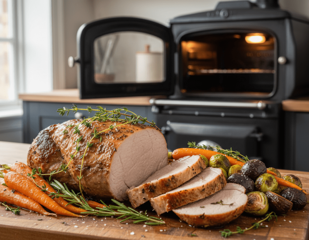 A beautifully presented pork tenderloin, tender and juicy, resting on a rustic wooden cutting board. The pork is garnished with fresh thyme and rosemary sprigs, with a light golden-brown crust indicating perfect roasting. Surrounding the tenderloin is an array of colorful roasted vegetables, including vibrant carrots, purple potatoes, and Brussels sprouts, glistening with olive oil. In the background, a traditional oven with a large glass door partially open, showcasing the warm, inviting glow inside. Soft, natural lighting highlights the textures and colors, creating a warm and cozy atmosphere. The scene is captured from a slightly elevated angle, emphasizing the centerpiece of the dish while bringing a sense of homely comfort to the image.