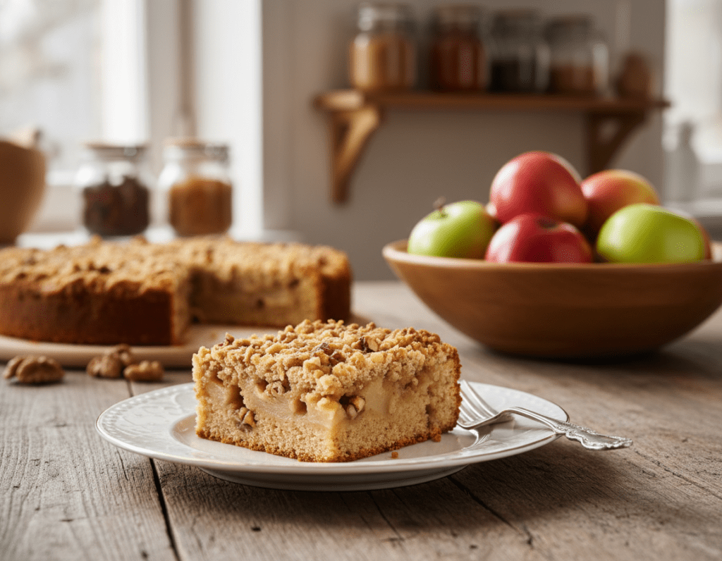 A beautifully presented slice of Apfelnusskuchen, showcasing the rich, golden brown crust and a sprinkle of crumbly streusel on top, positioned on a rustic wooden table. In the foreground, a delicate porcelain plate holds the slice, accompanied by a fork with elegant detailing. The cake's interior reveals tender apple chunks and walnuts peeking through. In the background, a softly focused kitchen scene includes jars of spices and a wooden bowl filled with fresh apples. Warm, natural sunlight filters through a nearby window, casting gentle shadows and highlighting the cake’s texture. The atmosphere is cozy and inviting, perfect for a homey baking experience. A beautifully presented slice of Apfelnusskuchen, showcasing the rich, golden brown crust and a sprinkle of crumbly streusel on top, positioned on a rustic wooden table. In the foreground, a delicate porcelain plate holds the slice, accompanied by a fork with elegant detailing. The cake's interior reveals tender apple chunks and walnuts peeking through. In the background, a softly focused kitchen scene includes jars of spices and a wooden bowl filled with fresh apples. Warm, natural sunlight filters through a nearby window, casting gentle shadows and highlighting the cake’s texture. The atmosphere is cozy and inviting, perfect for a homey baking experience.