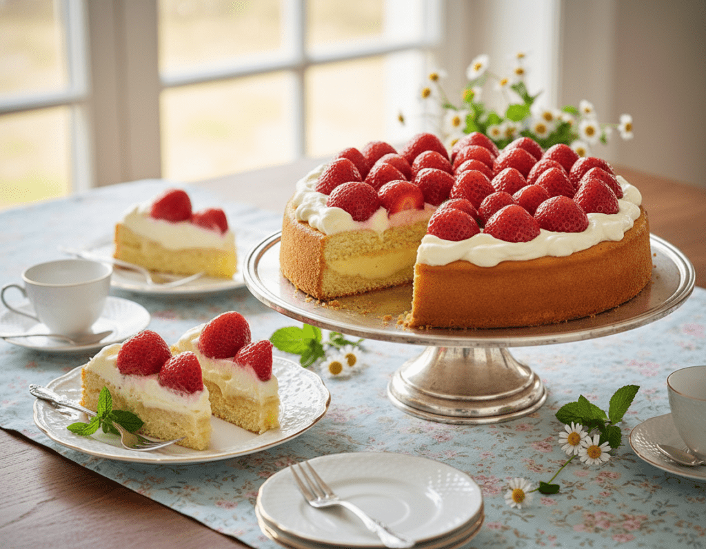 A beautifully presented strawberry cake (Erdbeerkuchen) sits at the forefront, showcasing a light and fluffy vanilla sponge base topped with glossy, ripe red strawberries and a creamy vanilla pudding layer. The background features an elegantly arranged table setting, with soft pastel-colored tablecloth and delicate floral accents, enhancing the cake's appeal. The lighting is warm and inviting, casting a soft glow on the cake, emphasizing its textures and vibrant colors. A close-up shot captures the intricate details of the cake’s layers, while a few slices lie artistically beside it, revealing the creamy interior. The atmosphere is cheerful and fresh, perfect for a spring gathering, with an emphasis on elegance and delightful presentation.