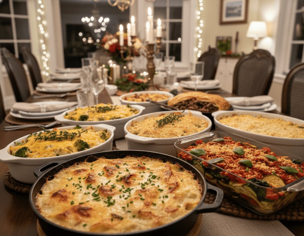 A beautifully set dining table featuring a variety of hearty casseroles and gratins perfect for a party. In the foreground, focus on a creamy potato gratin with a golden crust, nestled next to a vibrant vegetable lasagna laden with layers of fresh greens and rich tomato sauce. The middle ground showcases a selection of colorful, bubbling casseroles topped with melted cheese, garnished with sprigs of fresh herbs. In the background, an elegantly decorated dining space with soft, warm lighting that creates a cozy atmosphere. The image captures a sense of warmth and togetherness, inviting guests to gather around. Use a slightly elevated angle to emphasize the delicious dishes while maintaining a soft focus on the table setting for depth. No text or overlays should be present.