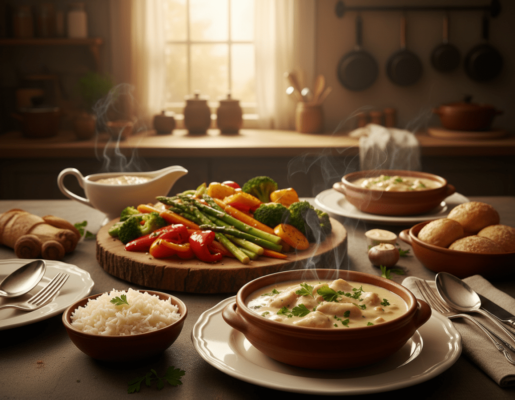 A beautifully set dining table showcasing a variety of classic frikassee dishes, including chicken frikassee, a creamy mushroom sauce, and vibrant vegetables. In the foreground, a steaming bowl of chicken frikassee garnished with fresh parsley, accompanied by a side of fluffy white rice. The middle layer features elegant tableware and a rustic wooden serving platter filled with colorful seasonal vegetables. In the background, gently blurred, a cozy kitchen scene with warm ambient lighting and soft-focus pots and pans, evoking a homely atmosphere. The image captures the essence of comfort food, conveying a welcoming and inviting mood, perfect for sharing family recipes. The lens is focused on the meal, emphasizing the textures and colors, while the warm lighting enhances the inviting feel of the scene.