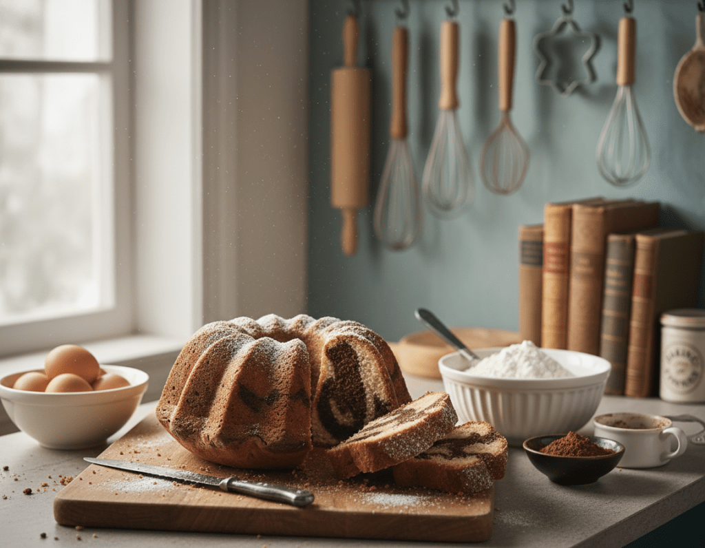 A beautifully staged kitchen scene featuring a freshly baked marble Gugelhupf cake, sliced to reveal its enticing marbled patterns of dark chocolate and light vanilla. In the foreground, a wooden cutting board holds the cake, with a small knife beside it, glistening with icing sugar dust. In the middle, a cozy kitchen countertop displays baking ingredients like eggs, flour, and cocoa powder in charming rustic bowls. Soft, diffused natural light streams in from a nearby window, casting gentle shadows and enhancing the warm, inviting atmosphere. The background features vintage baking tools and cookbooks, emphasizing a homey, beginner-friendly baking environment. The overall mood is cheerful and encouraging, inspiring confidence in novice bakers.