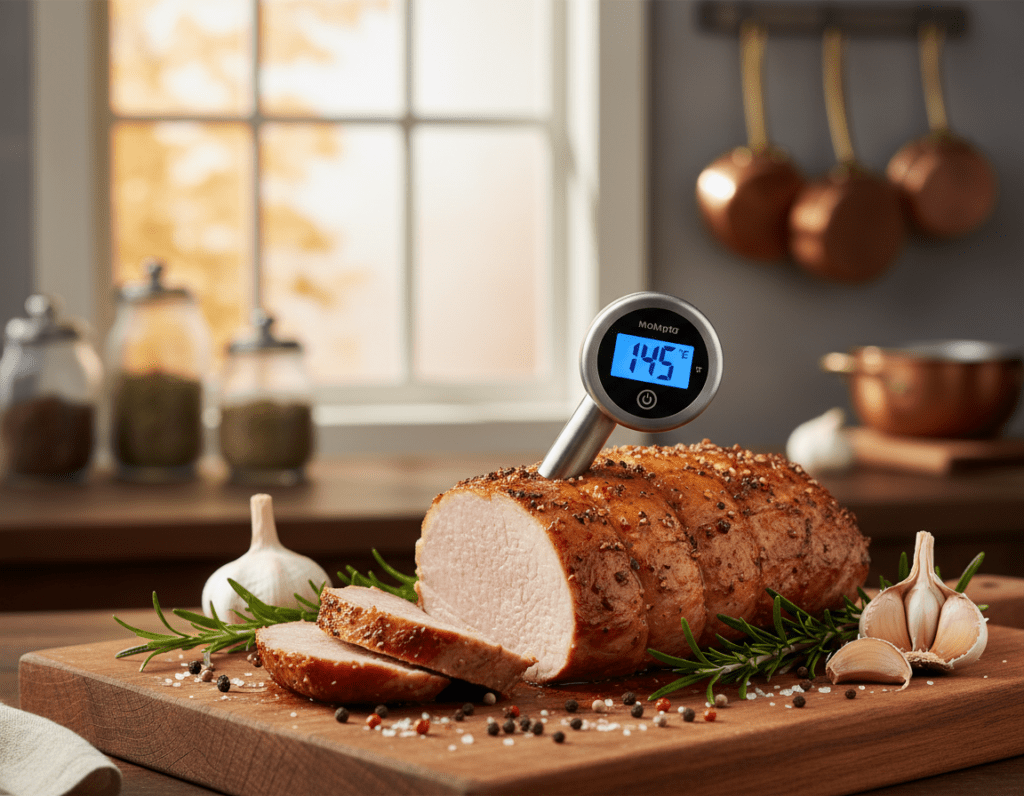 A beautifully staged kitchen scene featuring a perfectly cooked pork tenderloin on a wooden cutting board, highlighting the importance of measuring its core temperature. In the foreground, a digital meat thermometer is inserted into the center of the tenderloin, displaying an ideal temperature reading. In the middle ground, a variety of fresh herbs and spices, such as rosemary and garlic, surround the dish, enhancing the culinary atmosphere. The background shows a softly lit kitchen space, with blurred shelves of cookware and herbs for a cozy, inviting ambiance. The lighting is warm and natural, creating a rich, appetizing glow over the pork, emphasizing its juicy texture and appealing color. The composition should evoke a sense of professionalism and culinary expertise.