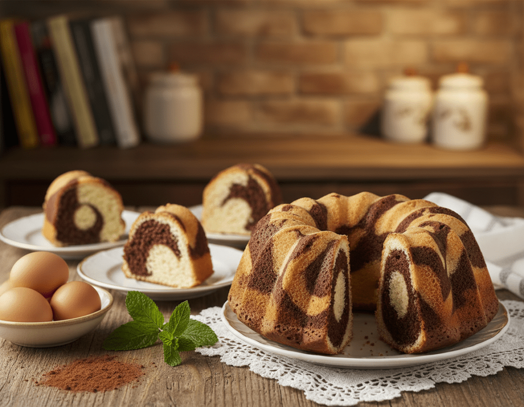 A beautifully styled Marmorgugelhupf cake, prominently displayed in the foreground, showcasing its marbled chocolate and vanilla layers. The cake sits on a rustic wooden table adorned with a delicate white lace doily, emphasizing its homemade charm. Surrounding the cake, scattered fresh ingredients like cocoa powder, eggs, and a sprig of mint create a vibrant visual appeal. In the middle ground, a set of portion-sized slices are elegantly arranged on small plates, highlighting the inviting texture of the cake. The background is softly blurred, featuring a cozy kitchen setting with subtle warm lighting to create an inviting atmosphere. The focus is on the cake's delicious detail, embodying the theme of nutrition with an emphasis on rich color contrast and inviting textures. No text or graphics are present in the image.
