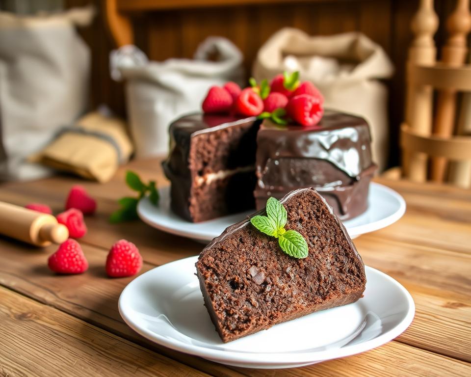 A beautifully styled Swedish chocolate cake sits elegantly on a vintage wooden table, showcasing its rich, dark chocolate frosting glistening under soft, natural light. The cake is garnished with fresh raspberries and delicate mint leaves, adding a pop of color. In the foreground, a simple white plate holds a generous slice of the cake, revealing its moist, fluffy texture. The background features a softly blurred kitchen setting, with warm colors and rustic elements like flour sacks and rolling pins, evoking a cozy, inviting atmosphere. Capture this scene from a slightly elevated angle, emphasizing the delicious details of the cake and creating a welcoming, homey mood.
