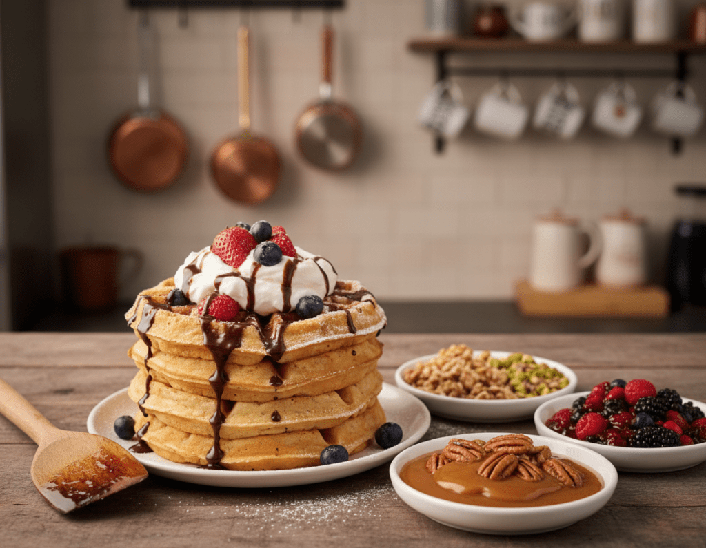 A beautifully styled arrangement of fluffy waffles topped with an array of creative garnishes. In the foreground, a stack of golden-brown waffles adorned with whipped cream, fresh berries like strawberries and blueberries, a drizzle of rich chocolate sauce, and a sprinkle of powdered sugar. In the middle ground, plates displaying assorted toppings like crushed nuts, caramel sauce, and fruit compotes, invitingly placed on a rustic wooden table. The background features a softly blurred kitchen setting, with warm ambient lighting creating a cozy atmosphere. A focal point of a wooden spatula rests beside the waffle stack, hinting at the cooking process. The overall mood is playful and inviting, showcasing a delightful waffle experience perfect for serving.