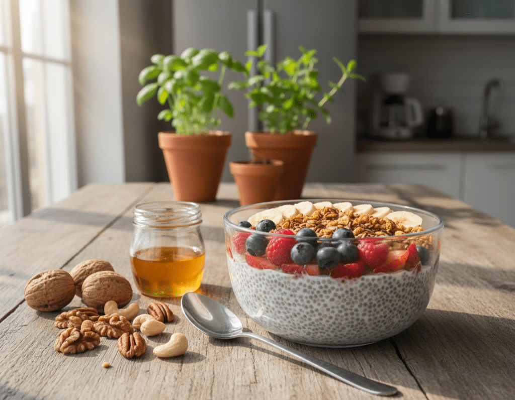 A beautifully styled chia pudding breakfast dish displayed on a rustic wooden table. In the foreground, a glass bowl filled with creamy chia pudding, layered with fresh fruits such as vibrant berries, sliced bananas, and a sprinkle of granola on top. Next to the bowl, a small jar of honey and a handful of nuts are artistically arranged. In the middle ground, a bright, airy kitchen setting with fresh herbs in pots and soft morning sunlight streaming through a window, casting gentle shadows. The background features blurred kitchen appliances, creating a cozy atmosphere. The overall feel is inviting and healthy, perfect for a wholesome breakfast idea. The image is captured in natural light with a shallow depth of field to emphasize the pudding and fruits.