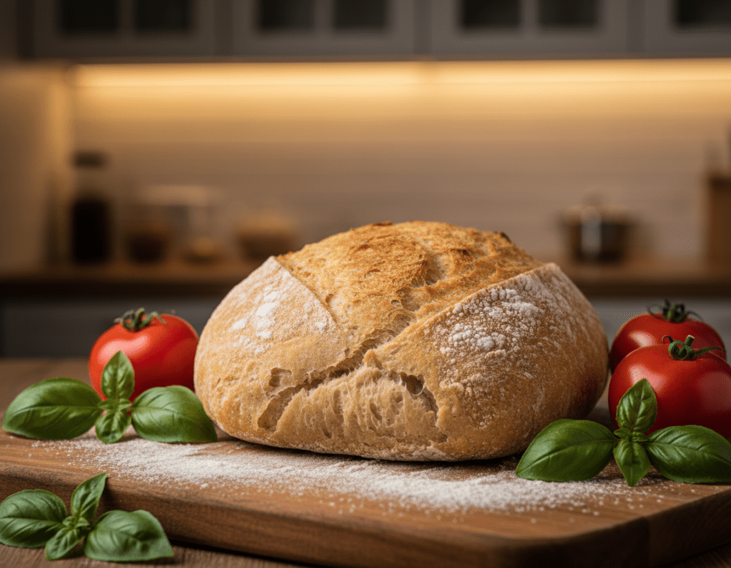 A beautifully styled ciabatta bread, with a crisp golden-brown crust and a slightly open crumb structure, sits prominently in the foreground. The bread is placed on a rustic wooden cutting board, slightly dusted with flour, showcasing its artisanal quality. Surrounding the ciabatta, fresh basil leaves and ripe, juicy tomatoes add vibrant splashes of color, hinting at delicious bruschetta toppings. In the background, a soft-focus kitchen setting features warm, inviting lighting, creating a cozy atmosphere. The image is captured from a slightly elevated angle, emphasizing the texture and details of the bread and ingredients. The overall mood is warm and inviting, illustrating the essence of choosing the perfect bread for making authentic Italian bruschetta. A beautifully styled ciabatta bread, with a crisp golden-brown crust and a slightly open crumb structure, sits prominently in the foreground. The bread is placed on a rustic wooden cutting board, slightly dusted with flour, showcasing its artisanal quality. Surrounding the ciabatta, fresh basil leaves and ripe, juicy tomatoes add vibrant splashes of color, hinting at delicious bruschetta toppings. In the background, a soft-focus kitchen setting features warm, inviting lighting, creating a cozy atmosphere. The image is captured from a slightly elevated angle, emphasizing the texture and details of the bread and ingredients. The overall mood is warm and inviting, illustrating the essence of choosing the perfect bread for making authentic Italian bruschetta.