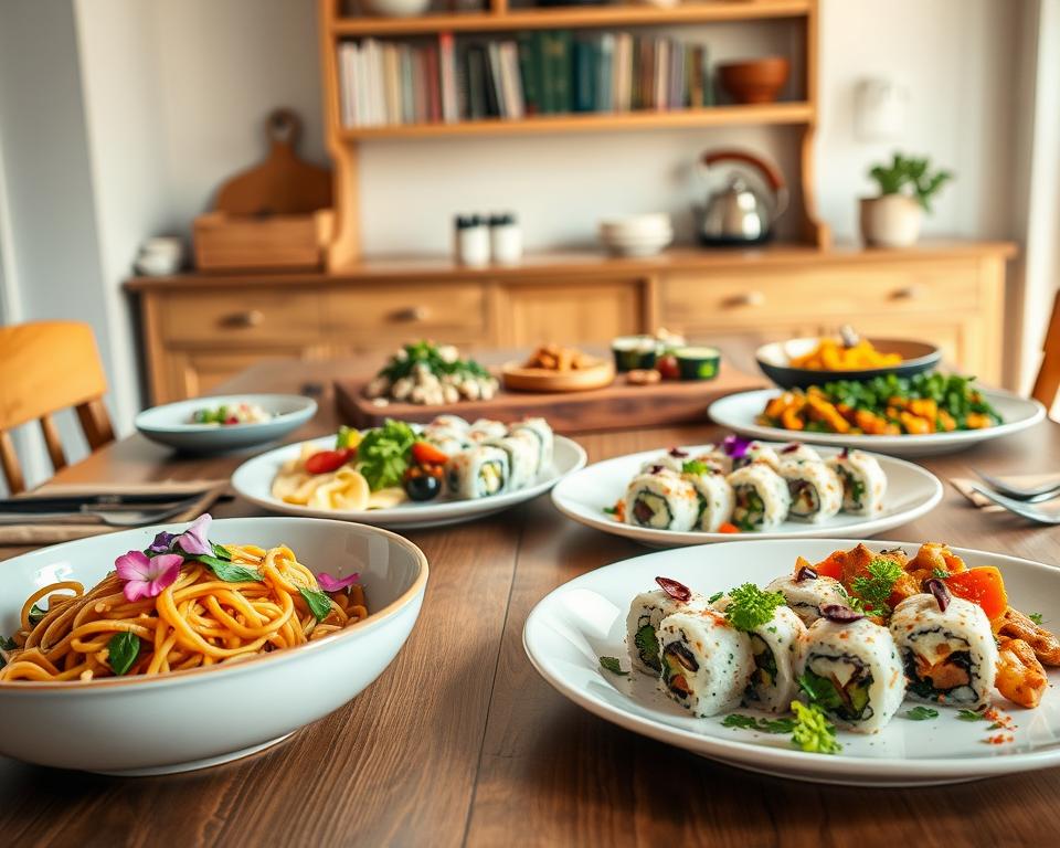 A beautifully styled dining table set in a cozy home kitchen, showcasing an array of international dishes, each carefully plated to evoke gourmet restaurant aesthetics. In the foreground, a vibrant bowl of Mediterranean pasta with fresh herbs and edible flowers, alongside a small elegant platter of sushi rolls beautifully arranged. In the middle, a wooden serving board featuring diverse dishes, like Indian curry and French ratatouille, artfully presented with colorful garnishes. The background features softly blurred shelves with cookbooks and decorative kitchenware. Warm, inviting natural lighting enhances the scene, creating a welcoming atmosphere. The angle captures a wide view of the table, highlighting the intricate details of each dish while maintaining a focus on the overall inviting ambiance of dining at home.