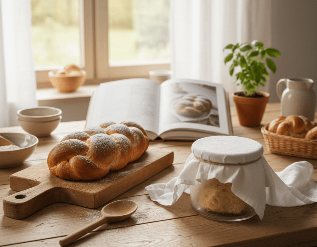 A beautifully styled kitchen countertop featuring a freshly baked Hefezopf, a braided yeast bread, displayed on a rustic wooden cutting board. The Hefezopf is slightly golden-brown, with a glossy finish, and garnished with a light dusting of powdered sugar. In the foreground, a glass jar showcasing the Hefezopf stored for freshness, accompanied by a cloth cover and a wooden spoon. The middle ground displays an open cookbook with an appetizing image of the Hefezopf recipe, while a potted herb plant adds a touch of green. The background features warm, natural lighting streaming through a nearby window, casting soft shadows and creating a cozy atmosphere. The overall mood is inviting, homey, and perfect for illustrating the preservation of baked goods.
