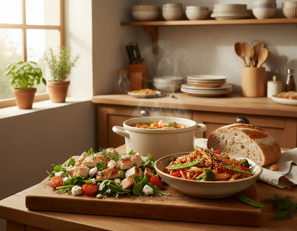 A beautifully styled kitchen countertop featuring creative dishes made from leftover chicken breast. In the foreground, a vibrant salad with diced chicken, mixed greens, cherry tomatoes, and a sprinkle of feta cheese is elegantly arranged on a rustic wooden board. Next to it, a colorful chicken stir-fry with bell peppers and broccoli is served in a modern bowl. The middle of the scene showcases a simmering chicken soup with herbs, steam rising gently, and a slice of crusty bread nearby. The background reveals warm wooden cabinetry with bowls and utensils neatly organized, illuminated by natural soft lighting streaming through a nearby window. The atmosphere is inviting and homey, perfect for inspiring culinary creativity. A beautifully styled kitchen countertop featuring creative dishes made from leftover chicken breast. In the foreground, a vibrant salad with diced chicken, mixed greens, cherry tomatoes, and a sprinkle of feta cheese is elegantly arranged on a rustic wooden board. Next to it, a colorful chicken stir-fry with bell peppers and broccoli is served in a modern bowl. The middle of the scene showcases a simmering chicken soup with herbs, steam rising gently, and a slice of crusty bread nearby. The background reveals warm wooden cabinetry with bowls and utensils neatly organized, illuminated by natural soft lighting streaming through a nearby window. The atmosphere is inviting and homey, perfect for inspiring culinary creativity.