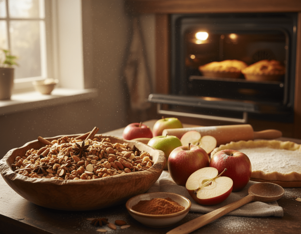 A beautifully styled kitchen countertop scene showcasing the preparation of a nut filling for apple pie. In the foreground, a rustic wooden bowl filled with chopped nuts (walnuts, almonds) and spices, alongside a small dish of cinnamon and brown sugar. A wooden spoon is resting beside the bowl. In the middle ground, an assortment of fresh apples, some sliced, with a light dusting of flour on the surface, hinting at the pie-making process. The background features a soft-focus view of an oven with golden baked goods inside and sunlight streaming through a window, creating a warm and inviting atmosphere. The overall mood is cozy and homely, perfect for a baking moment. A beautifully styled kitchen countertop scene showcasing the preparation of a nut filling for apple pie. In the foreground, a rustic wooden bowl filled with chopped nuts (walnuts, almonds) and spices, alongside a small dish of cinnamon and brown sugar. A wooden spoon is resting beside the bowl. In the middle ground, an assortment of fresh apples, some sliced, with a light dusting of flour on the surface, hinting at the pie-making process. The background features a soft-focus view of an oven with golden baked goods inside and sunlight streaming through a window, creating a warm and inviting atmosphere. The overall mood is cozy and homely, perfect for a baking moment.