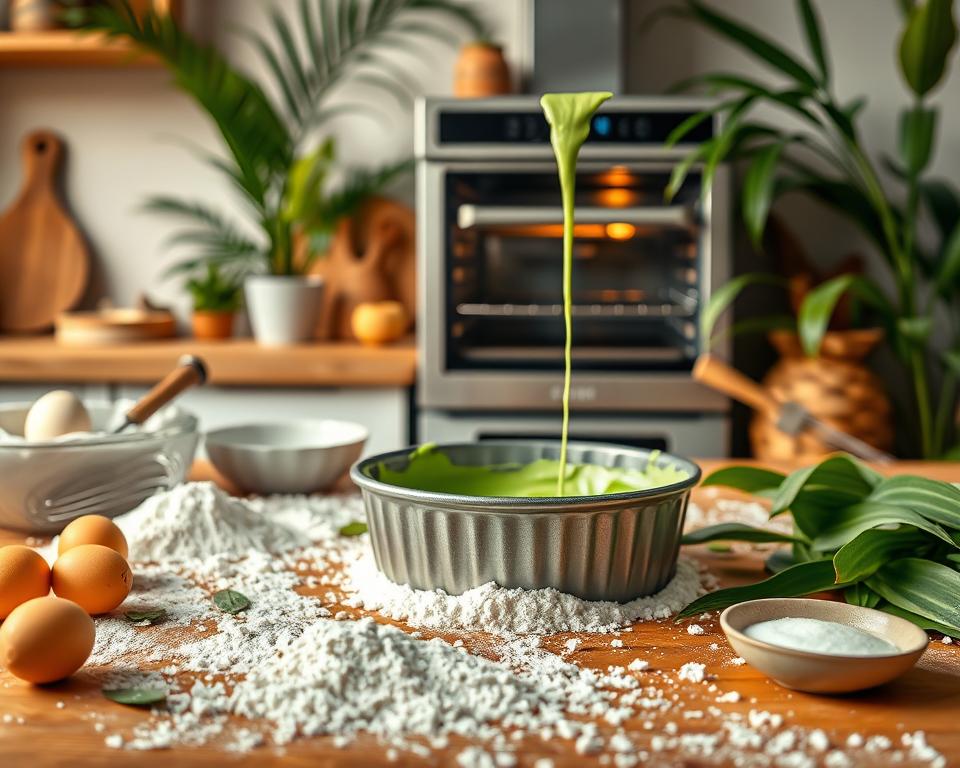 A beautifully styled kitchen scene featuring the process of baking Pandan Kuchen. In the foreground, a wooden table scattered with flour and ingredients such as pandan leaves, eggs, and sugar, with mixing bowls and a whisk. In the middle, a colorful green batter is being poured into a round cake pan, showcasing its vibrant color. A baking oven is subtly positioned in the background, with warm golden light illuminating the scene, enhancing the fresh and inviting atmosphere. The kitchen is decorated with tropical plants and natural wooden accents, contributing to a cozy, homely feel. The angle is slightly overhead, giving an inviting view of the baking action while capturing the vibrant colors and textures of the ingredients. A beautifully styled kitchen scene featuring the process of baking Pandan Kuchen. In the foreground, a wooden table scattered with flour and ingredients such as pandan leaves, eggs, and sugar, with mixing bowls and a whisk. In the middle, a colorful green batter is being poured into a round cake pan, showcasing its vibrant color. A baking oven is subtly positioned in the background, with warm golden light illuminating the scene, enhancing the fresh and inviting atmosphere. The kitchen is decorated with tropical plants and natural wooden accents, contributing to a cozy, homely feel. The angle is slightly overhead, giving an inviting view of the baking action while capturing the vibrant colors and textures of the ingredients.
