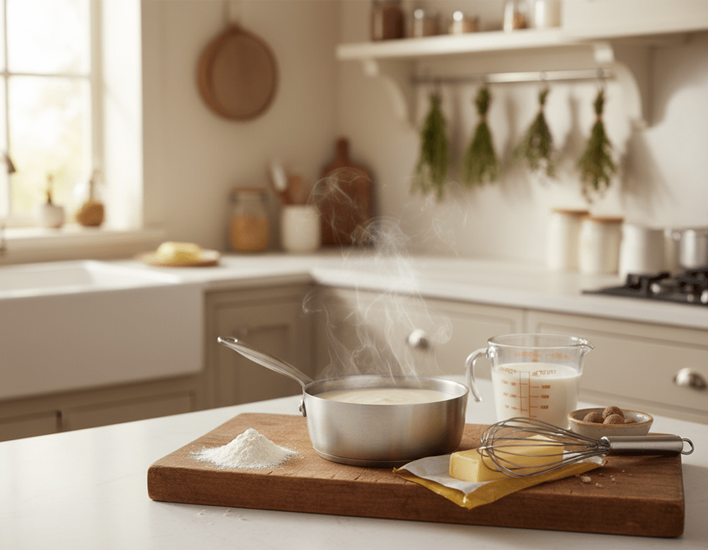 A beautifully styled kitchen scene showcasing the preparation of Béchamel sauce. In the foreground, a wooden cutting board holds a small saucepan filled with silky white sauce, steam gently rising from it. Next to the saucepan, there are fresh ingredients: a clump of flour, a stick of butter, and a whisk, all neatly arranged. In the middle ground, a clean countertop features a bowl of grated nutmeg and a measuring cup of milk, hinting at the sauce's creamy texture. The background shows a softly lit kitchen space with light-colored cabinets and hanging herbs, creating a warm and inviting atmosphere. The image captures the essence of cooking with natural light cascading from a nearby window, evoking a cozy and homely feel. No text or overlays present.