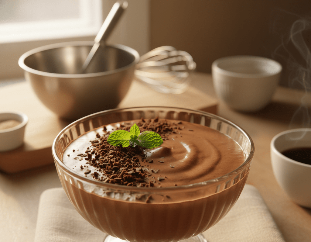 A beautifully styled kitchen setting showcasing a close-up of velvety chocolate mousse in a glass dessert bowl, demonstrating its rich and creamy texture. The mousse is garnished with delicate chocolate shavings and a sprig of mint, inviting viewers to savor its delightful appearance. In the background, softly blurred, there are various kitchen tools like mixing bowls and a whisk, subtly hinting at the preparation process. Warm, golden lighting creates a cozy and inviting atmosphere, enhancing the glossy finish of the mousse. The angle is slightly top-down, emphasizing the mousse’s consistency and presentation. This serene and appetizing scene captures the essence of achieving the perfect texture in making classic mousse au chocolat.