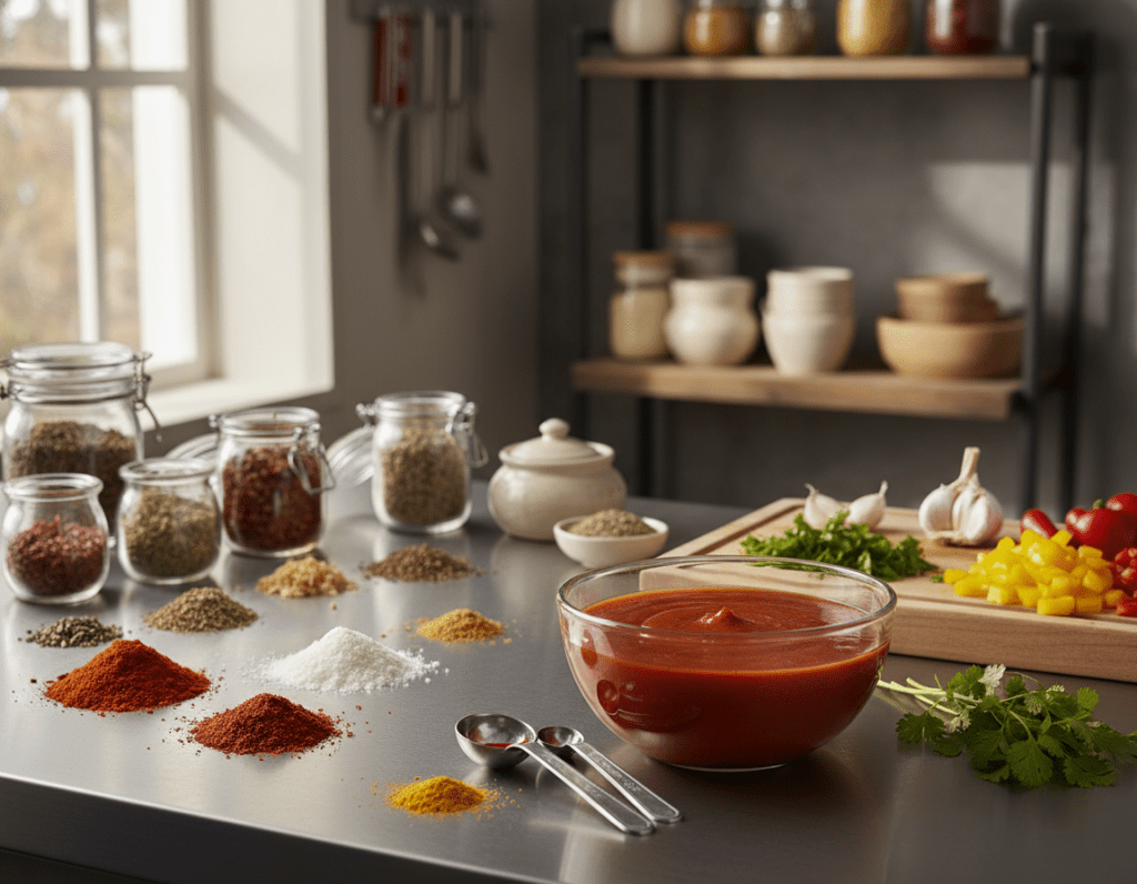 A beautifully styled kitchen workspace, featuring a stainless steel countertop with an array of vibrant spices and condiments like paprika, garlic, and onion, spread out for preparing Schaschlik sauce. In the foreground, a glass bowl filled with a rich, homemade sauce, its surface glossy and inviting. A set of measuring spoons and a small tasting spoon resting beside the bowl, hinting at the process of seasoning. In the middle, a cutting board with fresh ingredients like cilantro and bell peppers, adding color and freshness. The background reveals a softly lit kitchen shelf with jars and utensils organized neatly. Natural light filters through a nearby window, creating a warm, inviting atmosphere that evokes the joy of cooking and the satisfaction of perfecting flavors in the sauce. A beautifully styled kitchen workspace, featuring a stainless steel countertop with an array of vibrant spices and condiments like paprika, garlic, and onion, spread out for preparing Schaschlik sauce. In the foreground, a glass bowl filled with a rich, homemade sauce, its surface glossy and inviting. A set of measuring spoons and a small tasting spoon resting beside the bowl, hinting at the process of seasoning. In the middle, a cutting board with fresh ingredients like cilantro and bell peppers, adding color and freshness. The background reveals a softly lit kitchen shelf with jars and utensils organized neatly. Natural light filters through a nearby window, creating a warm, inviting atmosphere that evokes the joy of cooking and the satisfaction of perfecting flavors in the sauce.