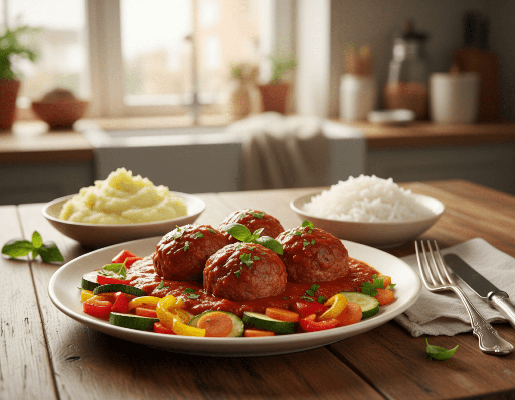 A beautifully styled plate of Hackbällchen, succulent meatballs simmered in rich, vibrant tomato sauce, garnished with fresh basil and parsley. The foreground features the meatballs glistening in the sauce, surrounded by an assortment of complementary side dishes: creamy mashed potatoes, fluffy rice, and a colorful medley of roasted vegetables including bell peppers, zucchini, and carrots. In the middle ground, a wooden dining table holds rustic tableware with a vintage fork and knife. The background should softly showcase a kitchen setting, gently blurred to draw focus to the dish. Natural lighting cascades in from a window, casting a warm, inviting glow, creating a cozy and appetizing atmosphere, perfect for a home-cooked meal. A beautifully styled plate of Hackbällchen, succulent meatballs simmered in rich, vibrant tomato sauce, garnished with fresh basil and parsley. The foreground features the meatballs glistening in the sauce, surrounded by an assortment of complementary side dishes: creamy mashed potatoes, fluffy rice, and a colorful medley of roasted vegetables including bell peppers, zucchini, and carrots. In the middle ground, a wooden dining table holds rustic tableware with a vintage fork and knife. The background should softly showcase a kitchen setting, gently blurred to draw focus to the dish. Natural lighting cascades in from a window, casting a warm, inviting glow, creating a cozy and appetizing atmosphere, perfect for a home-cooked meal.
