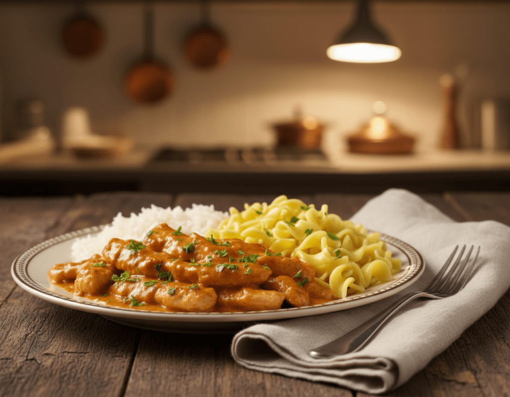 A beautifully styled plate of Paprika Geschnetzeltes, featuring tender strips of chicken enveloped in a creamy, vibrant paprika sauce. The dish is garnished with fresh parsley and accompanied by buttery egg noodles or rice, creating a colorful and inviting presentation. The foreground highlights the rich textures and colors of the food, while the middle ground reveals a rustic wooden table adorned with a gently crinkled linen napkin and a fork. In the background, there is a softly blurred kitchen setting with warm lighting, suggesting a cozy family atmosphere. The scene evokes a sense of comfort and togetherness, with an inviting ambiance that speaks to the warmth of a home-cooked family meal.