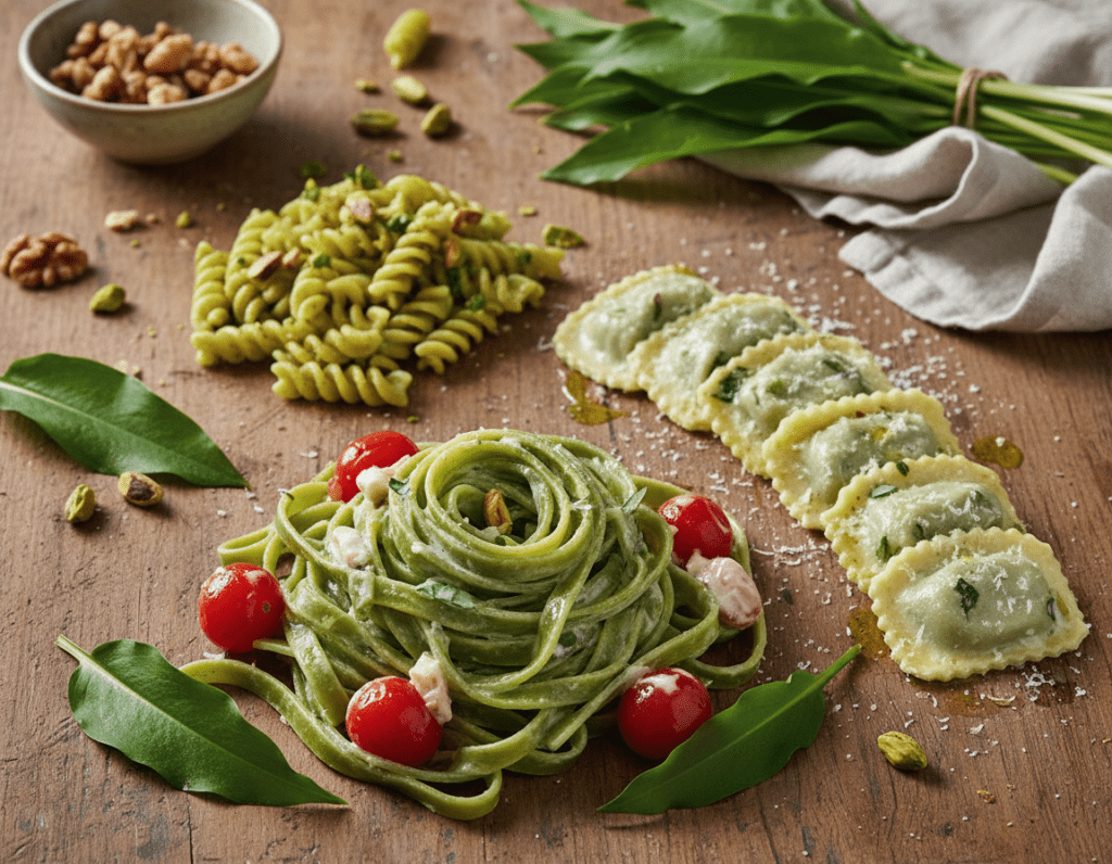 A beautifully styled plate of creative wild garlic pasta variations, showcasing diverse shapes and colors. In the foreground, a bed of vibrant green tagliatelle is twirled with a creamy sauce studded with bright cherry tomatoes and garnished with fresh wild garlic leaves. Next to it, a modern twist of ravioli is filled with ricotta and herbs, elegantly arranged. In the background, a rustic wooden table adds warmth, adorned with sprigs of wild garlic and a small bowl of crushed walnuts. Soft, natural lighting creates a cozy atmosphere, enhancing the rich colors of the dishes. Captured from a top-down angle to emphasize the textures and details, the mood is inviting, perfect for a culinary adventure.