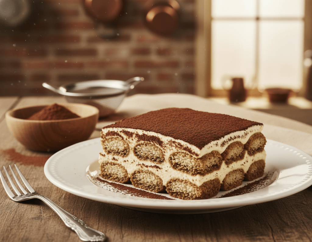 A beautifully styled plate of tiramisu with a rich cocoa powder dusting on top, showcasing its luscious layers of coffee-soaked ladyfingers and creamy mascarpone. The foreground features a perfectly portioned slice of tiramisu, placed on an elegant white ceramic plate, with a delicate fork beside it. In the middle ground, a small bowl of cocoa powder and a sifter rests, hinting at the final touch applied to the dessert. The background is softly blurred to highlight the main subject, with subtle hints of a rustic kitchen setting bathed in warm, inviting natural light. The mood is cozy and indulgent, perfect for a culinary treat that celebrates traditional Italian flavors.