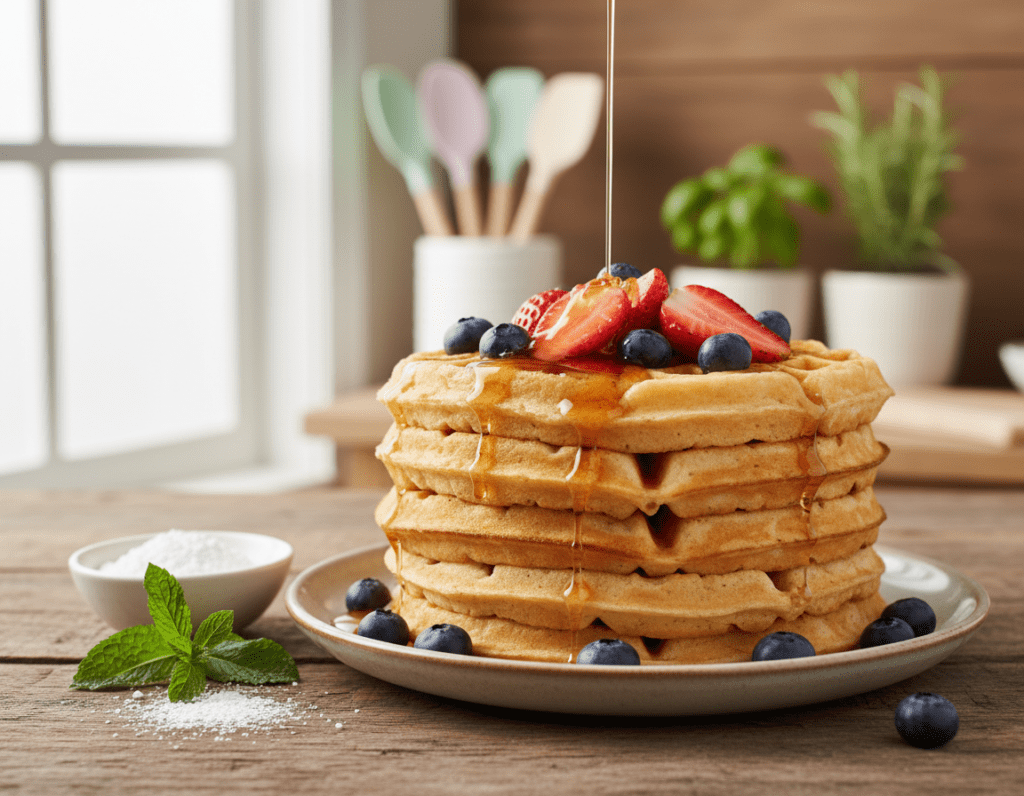 A beautifully styled plate of vegan waffles without egg and milk, stacked high and adorned with fresh, colorful toppings like sliced strawberries, blueberries, and a drizzle of maple syrup. In the foreground, the waffles have a golden-brown color with a light, fluffy texture. In the middle ground, a rustic wooden table accentuates the natural vibe, alongside a small bowl of icing sugar and a sprig of mint. The background features a softly blurred kitchen setting, filled with pastel-colored utensils and potted herbs, giving a warm, inviting atmosphere. Natural light streams in from a window, casting gentle shadows and highlighting the waffles' texture, creating a cozy, wholesome mood perfect for showcasing vegan and gluten-free culinary delights.