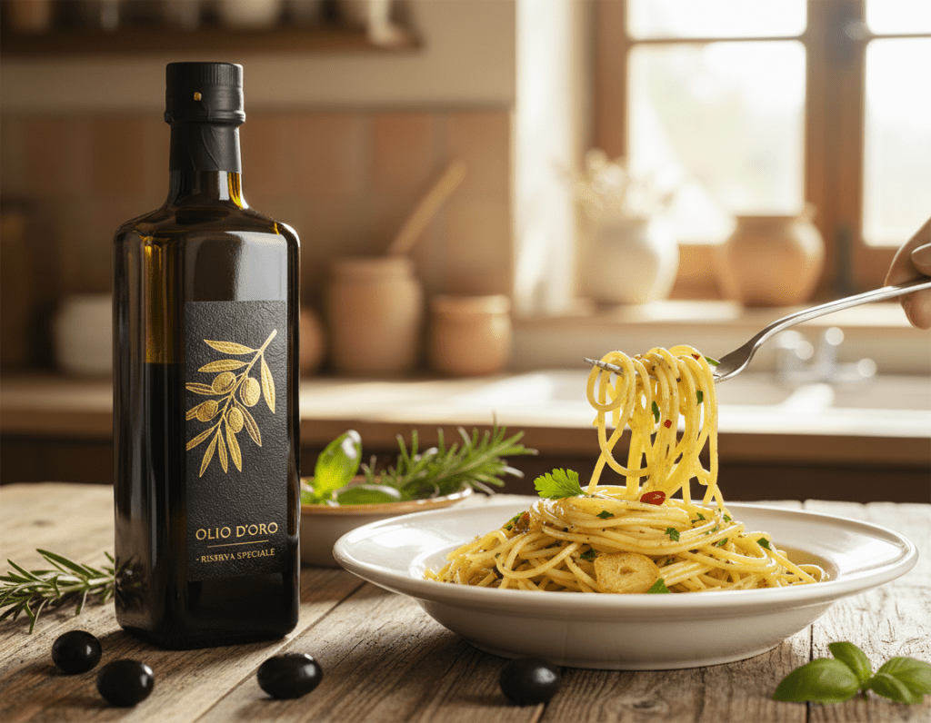 A bottle of exquisite native extra virgin olive oil stands elegantly in the foreground, its glass reflecting light beautifully. The label features an artistic design, showcasing premium quality. Surrounding the bottle are freshly cooked spaghetti aglio e olio garnished with garlic slices, parsley, and a sprinkle of red pepper flakes, emphasizing the dish’s simplicity and flavor. In the middle ground, a rustic wooden table adorned with a few olives and a small dish holding fresh herbs sets a warm and inviting atmosphere. The background reveals a softly blurred kitchen setting bathed in natural light, creating a cozy and homey vibe. The overall mood is warm and appetizing, highlighting the importance of selecting the perfect olive oil for a delicious pasta dish. The scene is captured with a shallow depth of field, focusing on the olive oil and pasta, inviting the viewer to savor the experience.